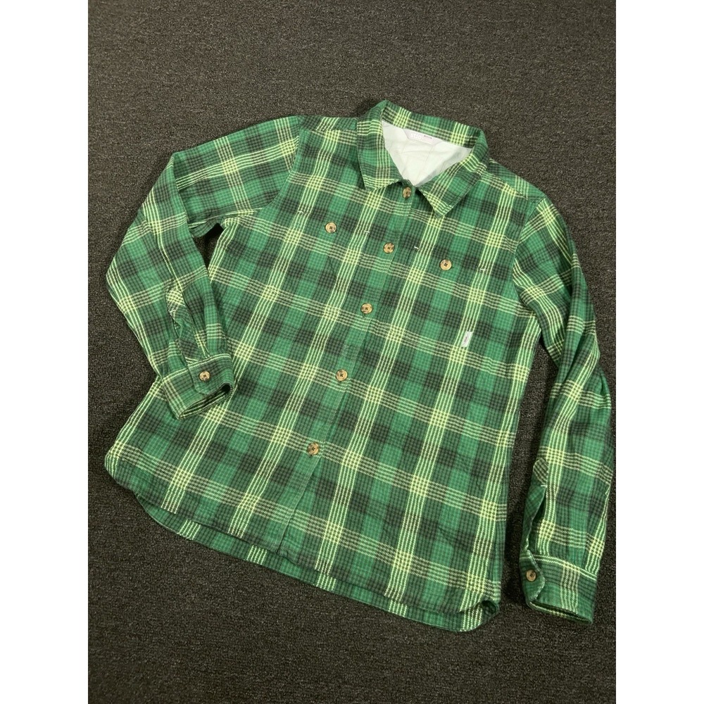 Stio Hutkeeper Flannel Shirt Womens Large Organic Cotton Button Up Plaid Green